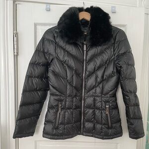 Kenneth Cole Black Quilted Jacket with Fur Collar